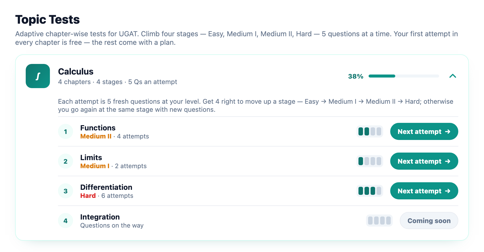 Adaptive calculus topic tests for UGAT — screenshot