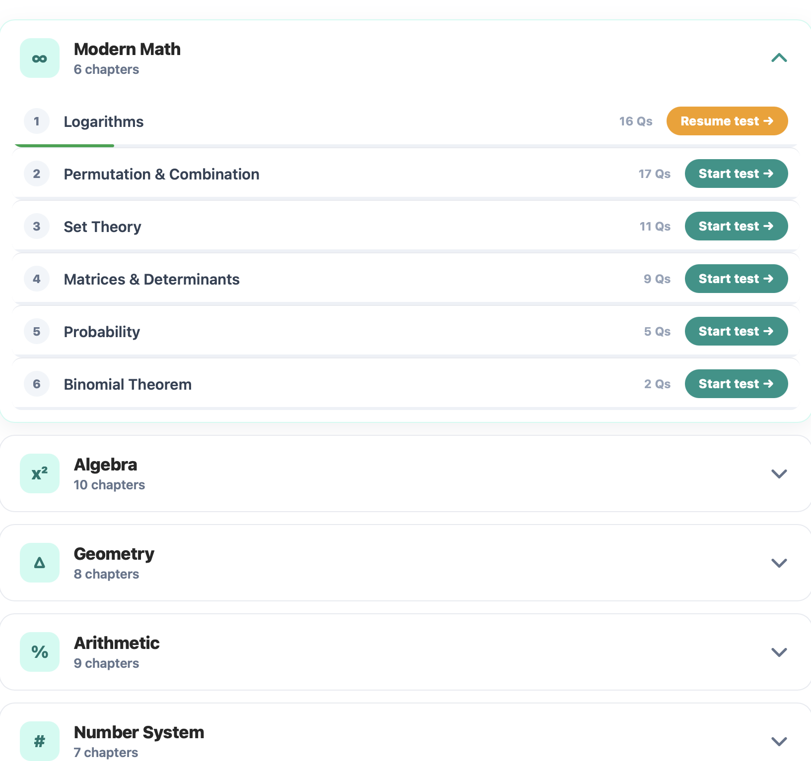 Topic-wise tests, chapter by chapter — screenshot